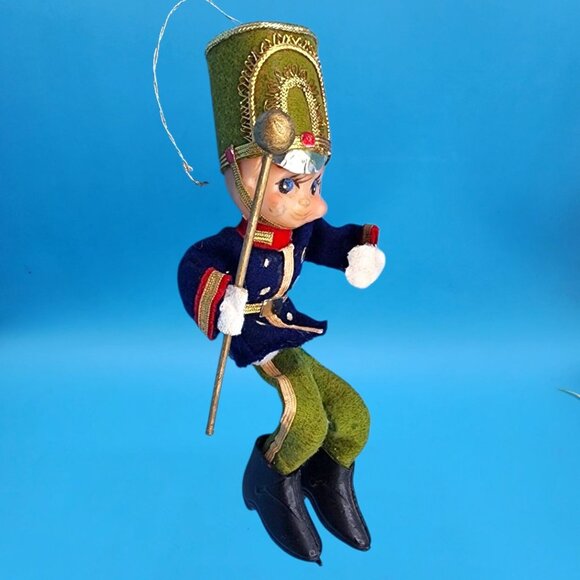 Vintage 1950s Elf Toy Soldier Ornament • Blue Red Green Felt with Velvet Gold Tr - Picture 4 of 10